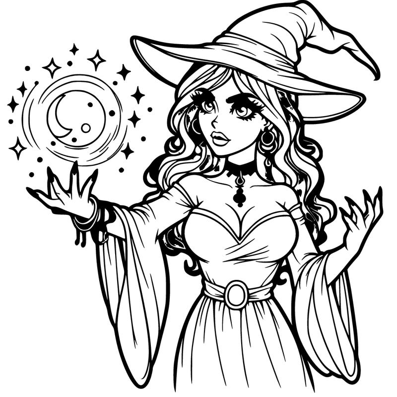 realistic scary beautiful sorceress casting spell