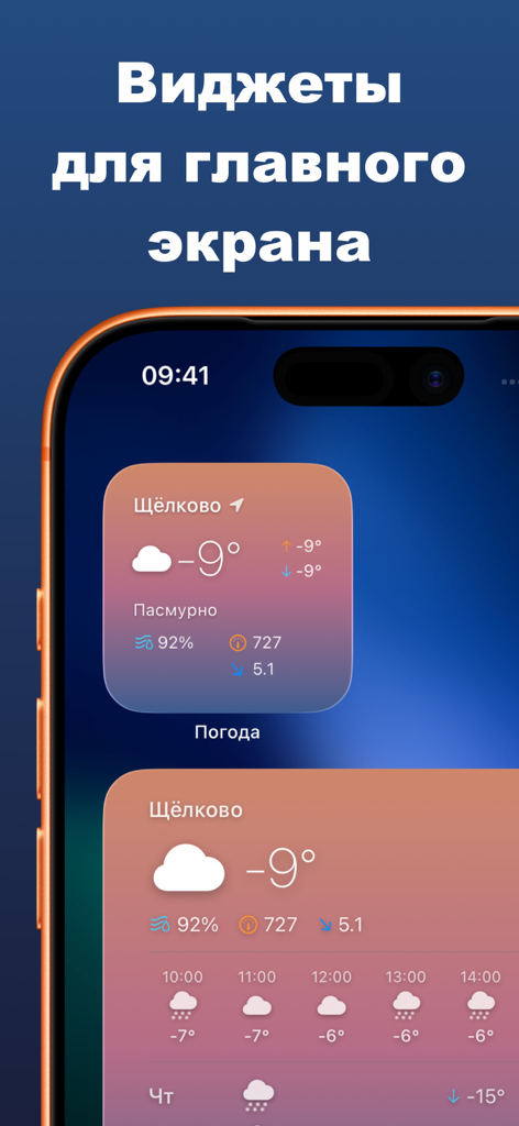Weather Scope - Widgets de la aplicación Weather Scope en la pantalla de inicio de un iPhone mostrando la temperatura y el pronóstico por hora.