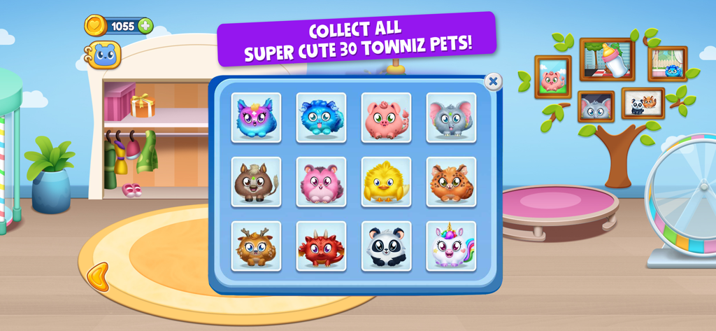 Town Pets: Hatch & Grow - Un menú de colección en Town Pets que muestra una cuadrícula de 12 coloridas mascotas virtuales, incluyendo un dragón, un panda y un unicornio.