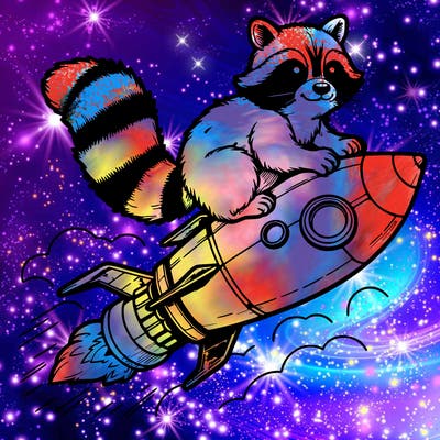 realistic raccoon flying on top rocket ship