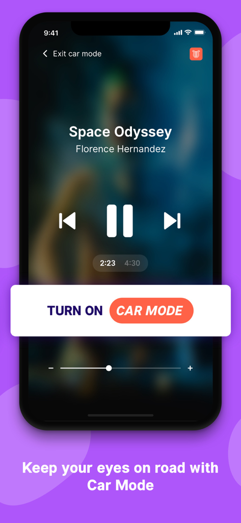 Equalizer+ Music amp & Podcast - Equalizer plus music app interface displaying Car Mode with simplified playback controls for safe driving.