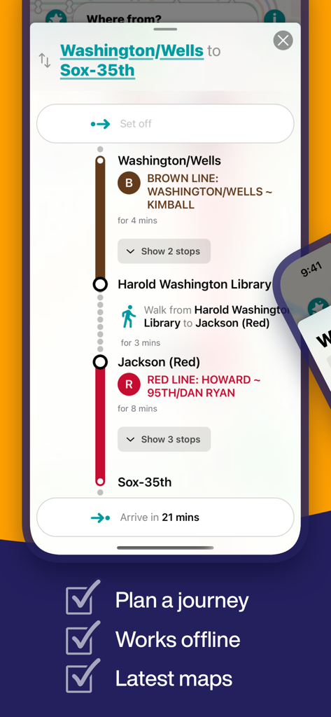 Chicago L Metro Map - Chicago L Metro Map app screen showing a journey from Washington Wells to Sox 35th via Brown and Red lines