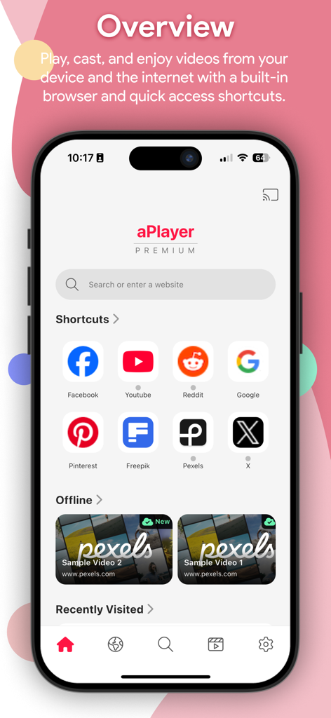 aPlayer - Video Play, Web Cast - Home screen of aPlayer app showing web search and social media shortcuts