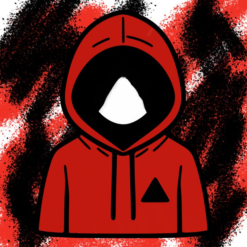 a person with non face waering a hoodie with a small triangle symbol