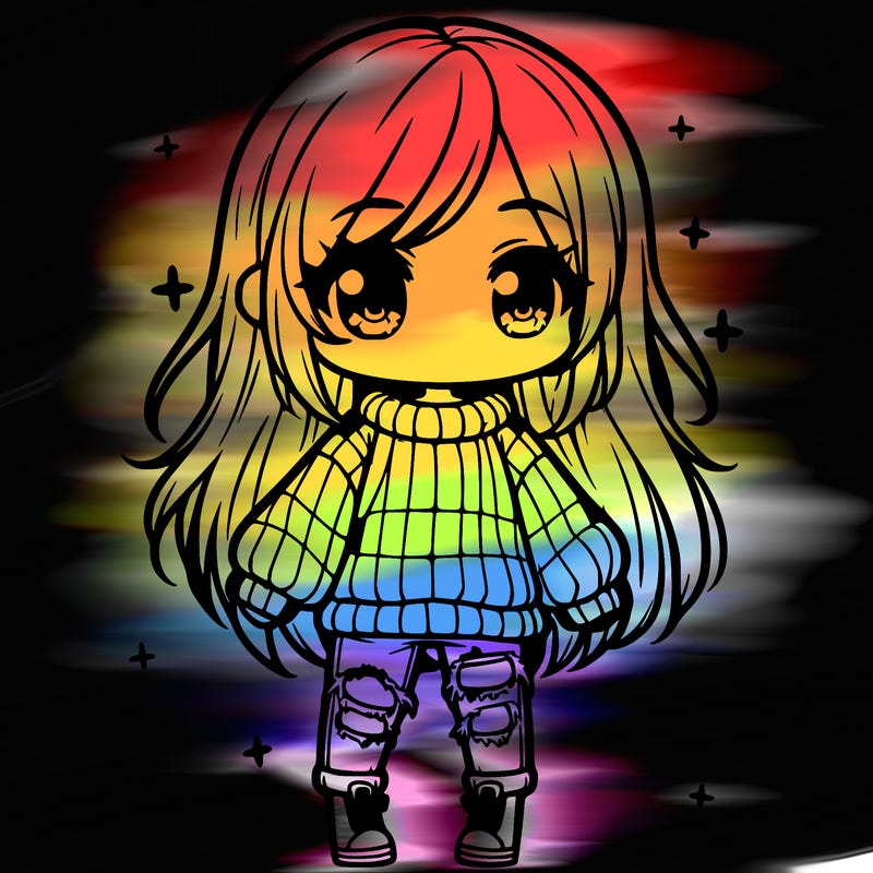 chibi girl with ripped jeans,long hair, and an oversized sweater