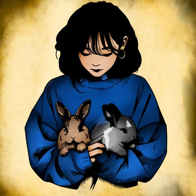 realistic girl with messy bunny baggy sweatshirt and holding bunnies