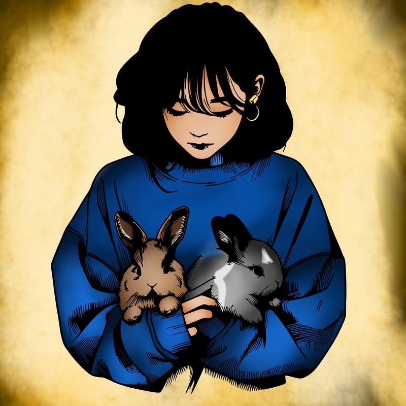 realistic girl with messy bunny baggy sweatshirt and holding bunnies