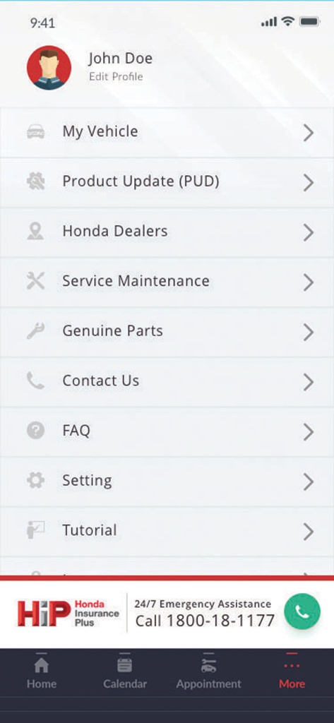 Écran du profil utilisateur et menu principal de l'application mobile HondaTouch montrant les options du véhicule et du service.