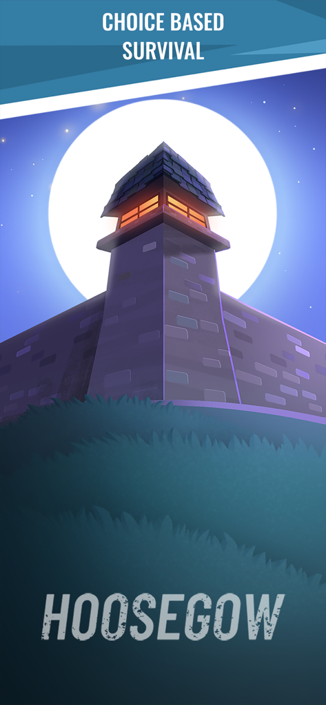 Hoosegow: Prison Survival - Prison watchtower silhouette against a full moon for the Hoosegow choice based survival game