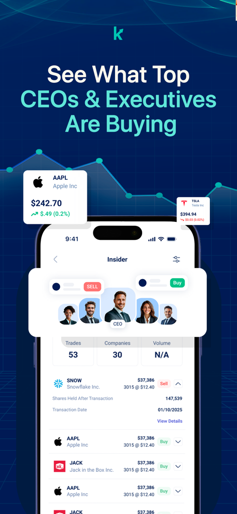 Mobile app screen showing stock market insider trading activity by top CEOs and executives