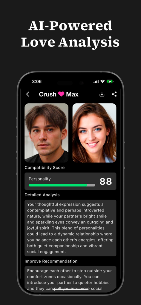Amora Max app interface showing an AI-powered love analysis with compatibility score and personality insights.