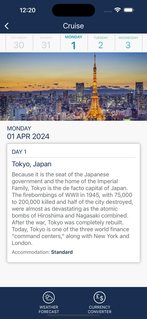 Supertravel app screen displaying a detailed cruise itinerary for Tokyo Japan including a city skyline photo and historical information