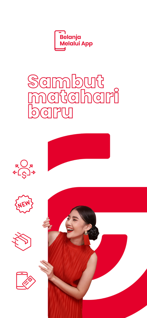 Matahari App - A woman in a red dress smiling next to the Matahari App welcome message and shopping icons.
