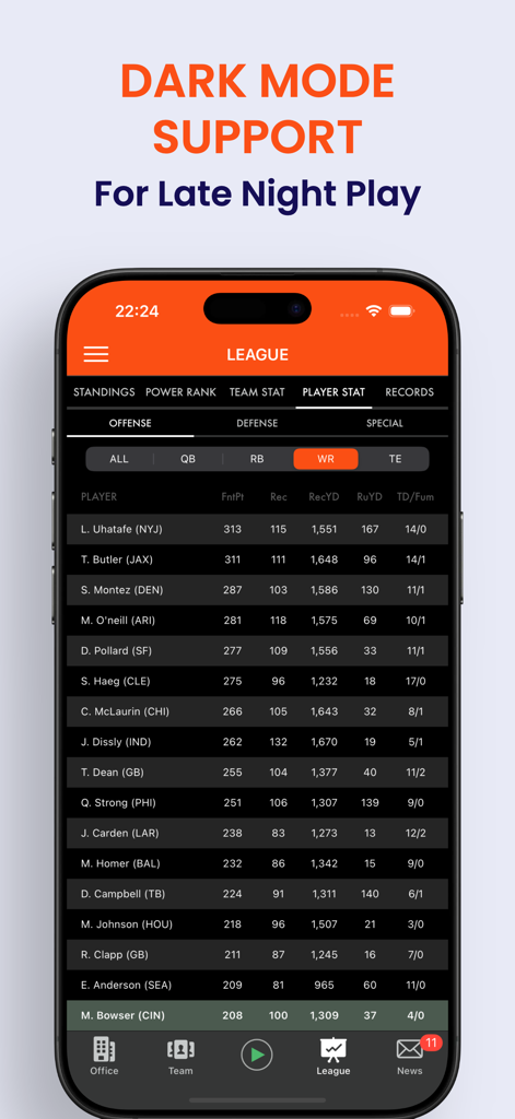 Pocket GM 3: Football Sim - Pocket GM 3 player statistics screen with dark mode support for late night play