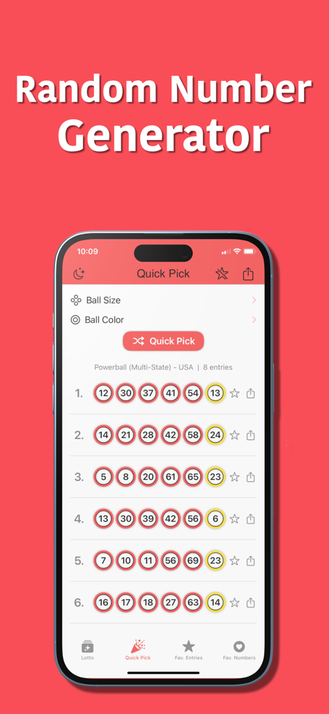 LottoPick: Lotto Number Picker - Mobile phone screen of LottoPick app displaying randomly generated lottery numbers for Powerball
