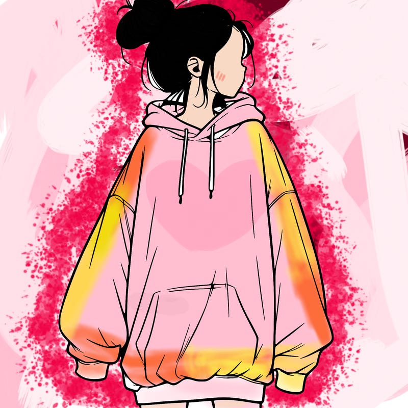 realistic girl with a oversized sweatshirt on and a bun