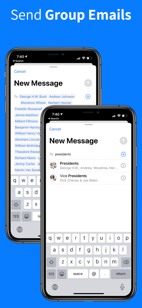 Interface of Contacts Sync Pro app showing group email functionality on iPhone