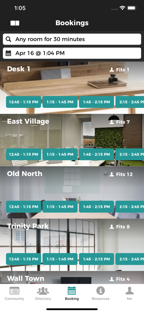 Coworks app interface showing a list of desks and meeting rooms available for booking with specific time slots.