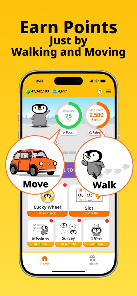 GeoSmile - Move to Earn Money - GeoSmile 모바일 앱 대시보드가 보상을 적립하기 위해 걷기 및 운전 추적을 표시합니다