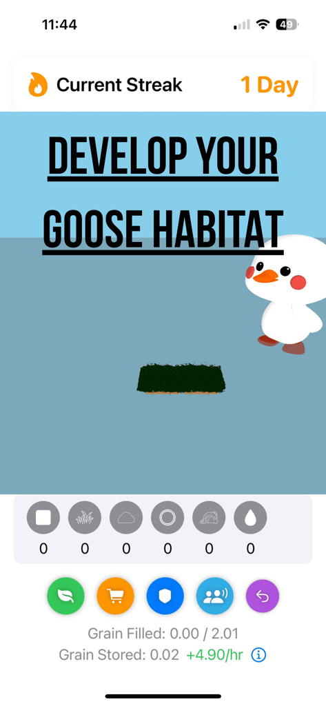Interfaz de la aplicación Escape Goose que muestra un lindo personaje ganso blanco y opciones para desarrollar su hábitat.