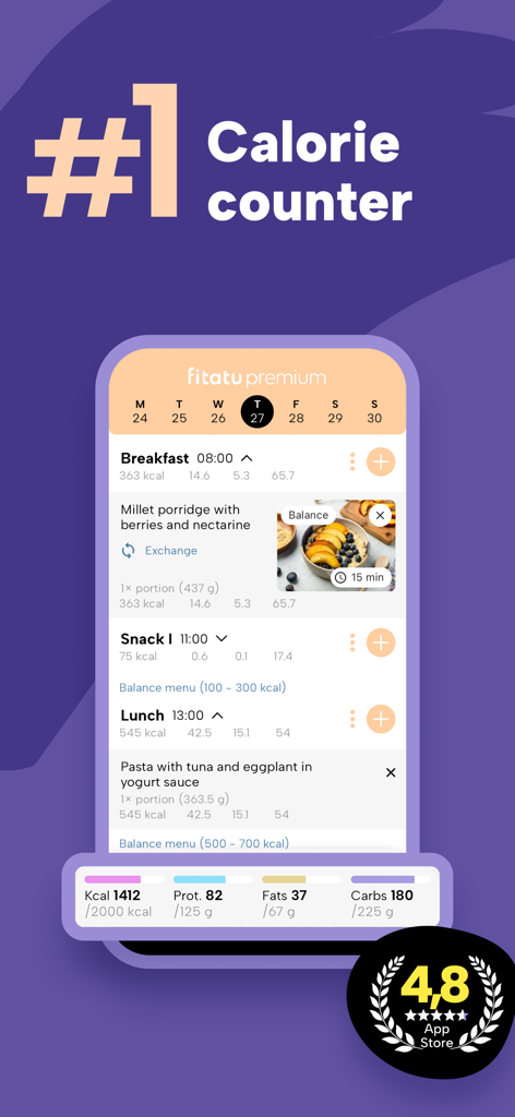 Fitatu AI Calorie Counter - Fitatu AI Calorie Counter app interface showing daily meal tracking and macro progress