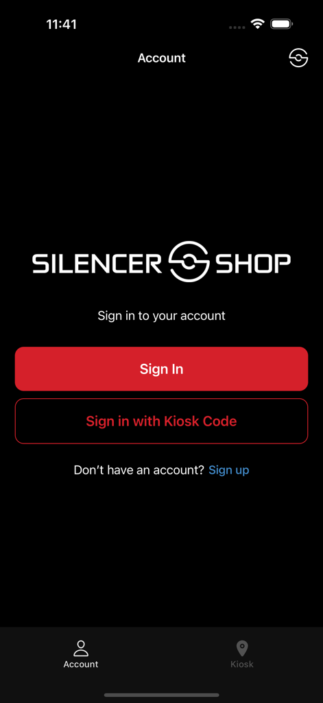 Silencer Shop - Login screen of the Silencer Shop app showing sign in and kiosk code options