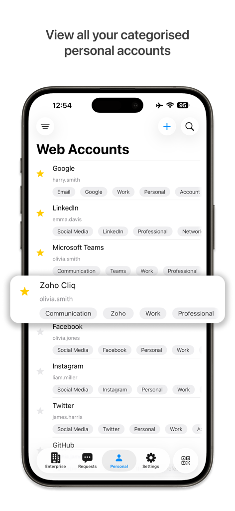 ManageEngine PAM360 app interface showing a list of categorized personal web accounts like Google and Microsoft Teams