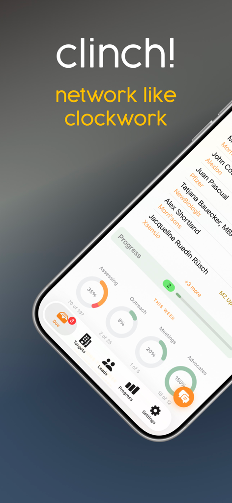 Clinch! - The Clinch app progress dashboard showing networking outreach KPIs and lead management