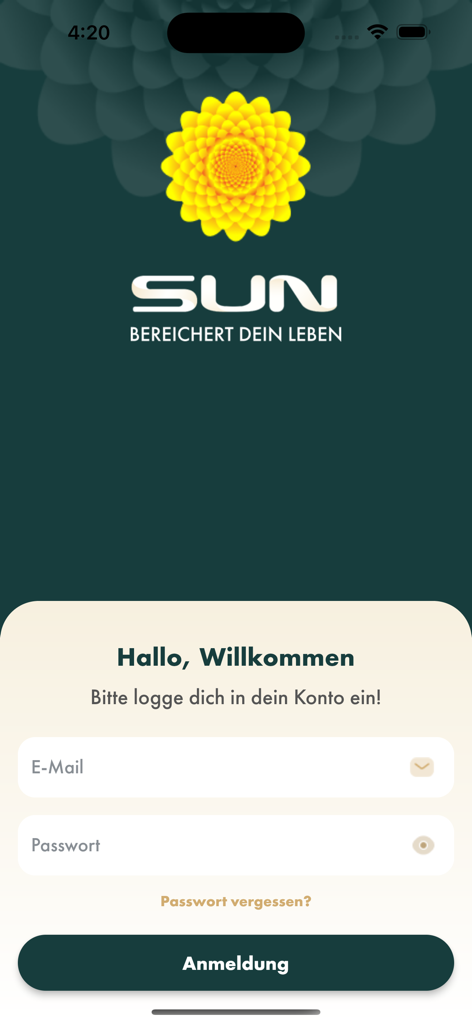 SUN APP (REWARDS) - The login screen of the SUN APP REWARDS featuring a yellow sun logo and fields for email and password.