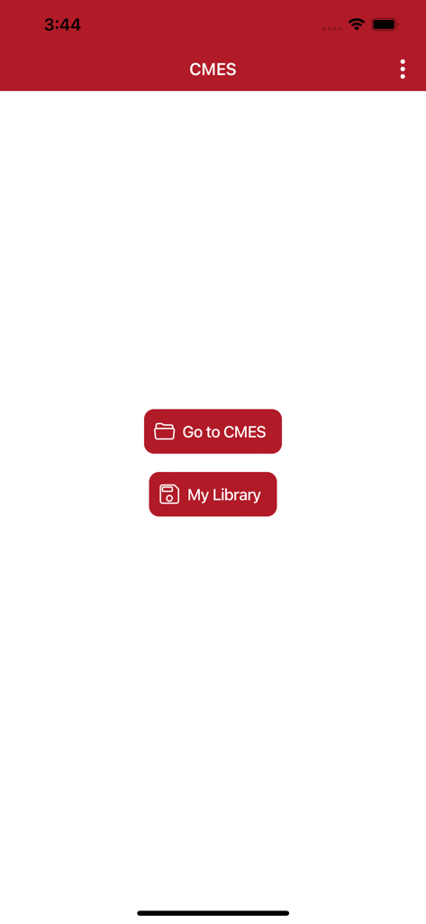 CMES - Interface principal do aplicativo CMES mostrando os botões de navegação Ir para CMES e Minha Biblioteca