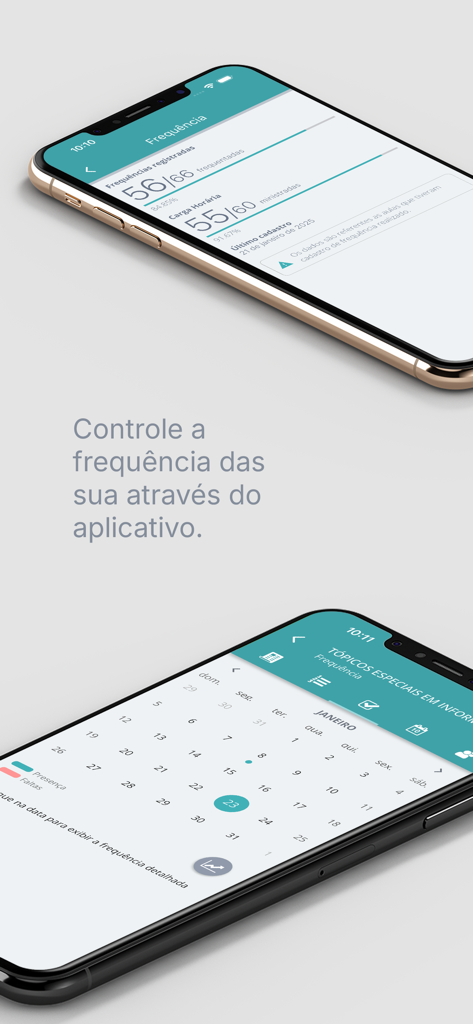 Dos teléfonos inteligentes que muestran el resumen de asistencia y el calendario de frecuencia mensual en la aplicación SIGAA Mobile