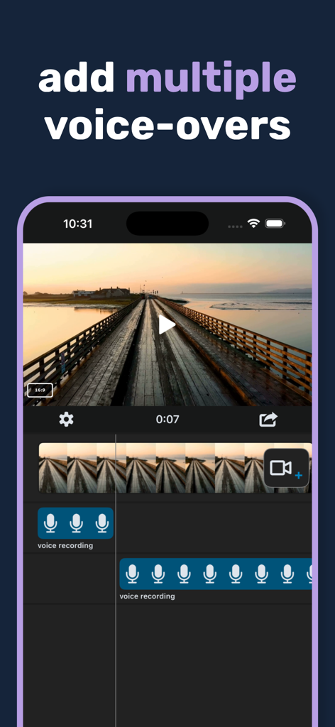 A smartphone interface showing the Voice Over Video app with multiple audio tracks for voice-over recordings on a video timeline