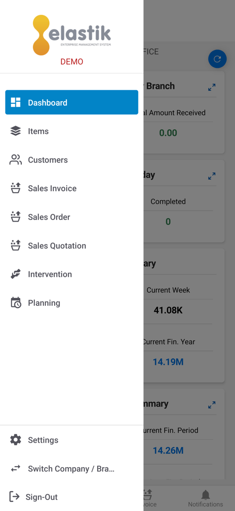 Menu di navigazione laterale dell'app Elastik che mostra opzioni per Dashboard, Articoli, Clienti, Vendite e Pianificazione Interventi.