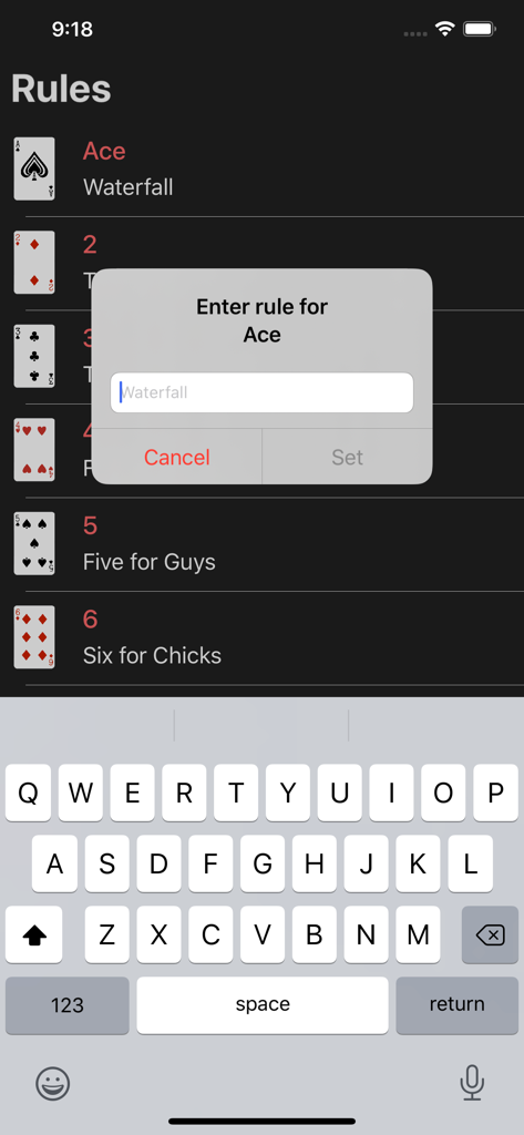 Interface of King's Cup drinking game app showing a list of rules and a popup to customize the rule for the Ace card