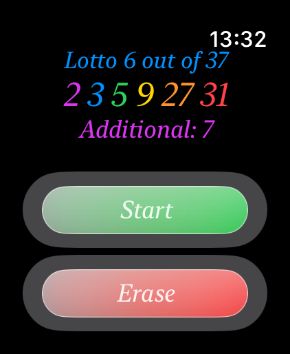 AB IsraLotto - AB 이스라엘 로또 앱 인터페이스, Apple Watch에서 로또 6/37용 생성된 번호 표시