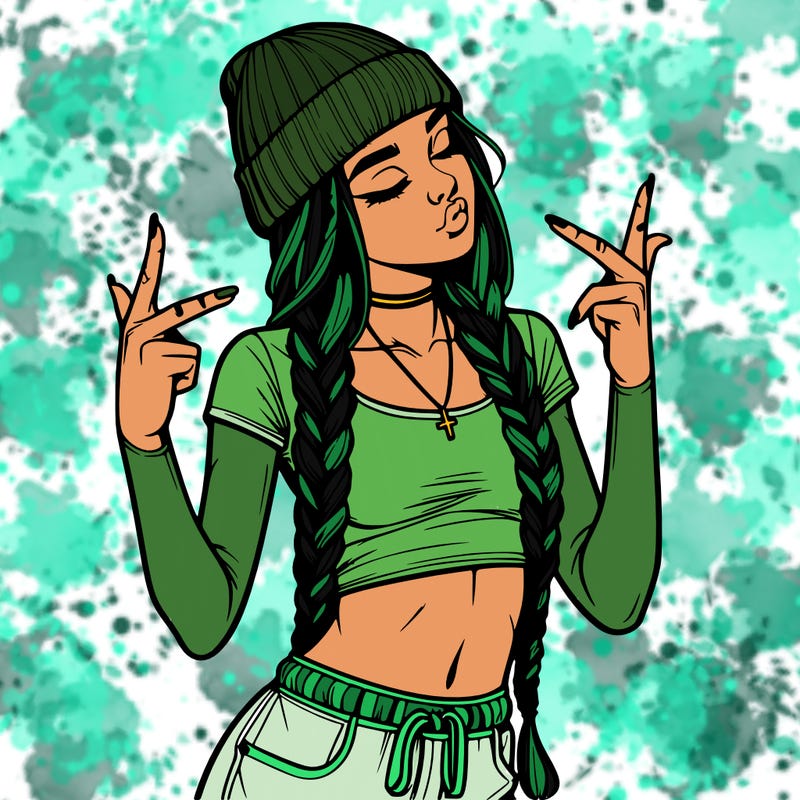 realistic teenage girl with braids and a beanie and crop top doing 🫶🏼