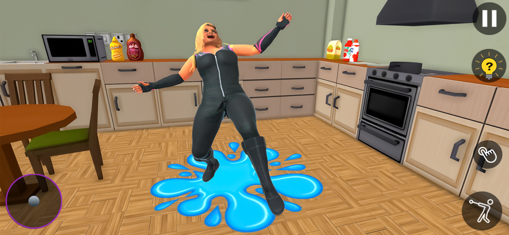 Evil Teacher Scary 3D Stranger - Evil teacher character slipping on a blue liquid prank in a 3D kitchen environment