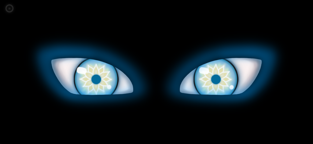 Prank Eyes - Glowing blue anime eyes with flower pattern irises on a black background