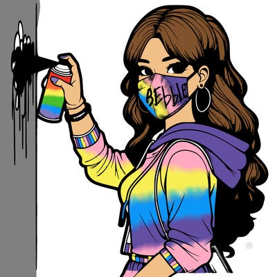 realistic girl with mask spray painting a wall