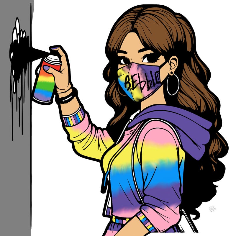 realistic girl with mask spray painting a wall