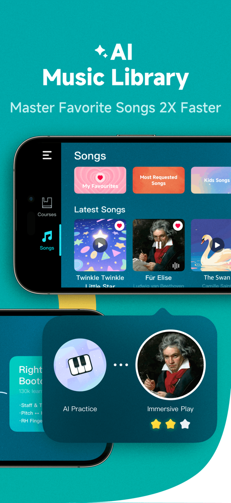La interfaz de la aplicación KeyTap muestra una biblioteca de música de IA con canciones clásicas y pop para practicar el piano