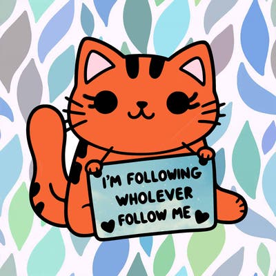 cat with a sign that says i’m following whoever follows me