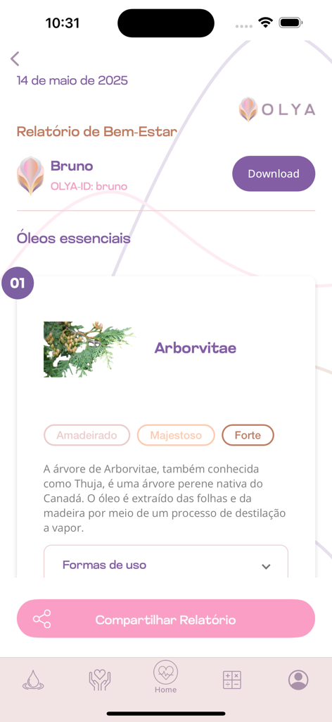 OLYA App - OLYA app wellness report screen displaying an essential oil recommendation for Arborvitae with plant details and sharing options