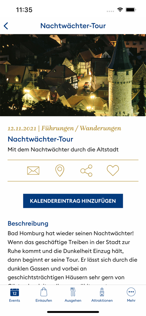 Bad Homburg App - バート・ホンブルク・アプリのスクリーンショット、歴史的な夜警ツアーのイベント詳細を表示しています