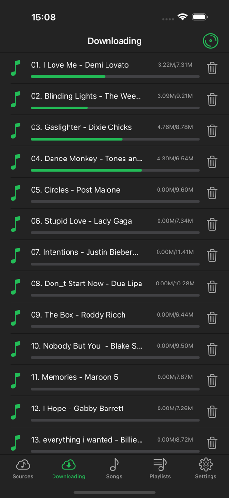 Interface de Cloud Music Player montrant une liste de chansons avec des barres de progression pour le téléchargement hors ligne