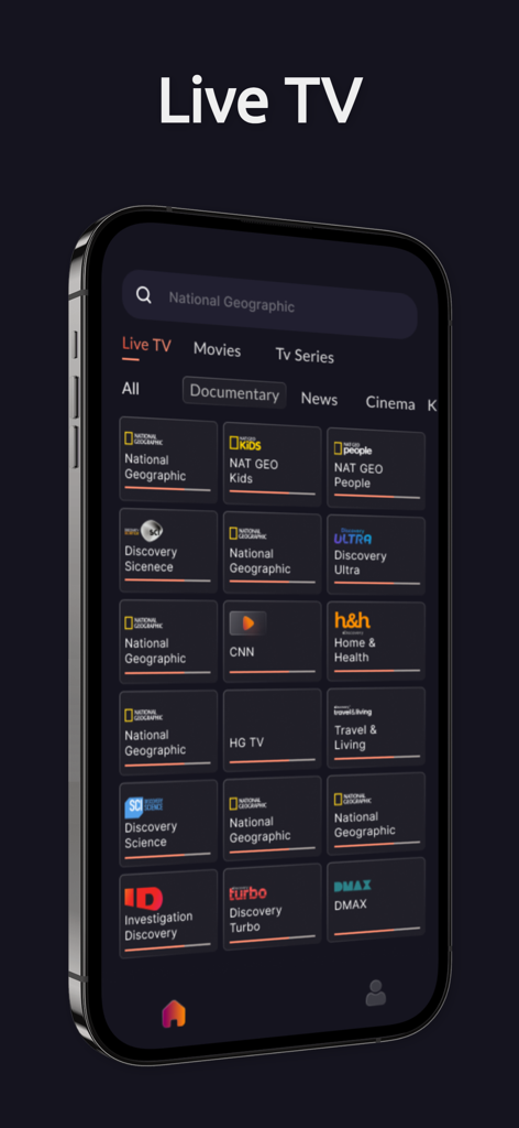 A mobile interface for the Daawo TV app displaying a selection of live TV channels including National Geographic and CNN