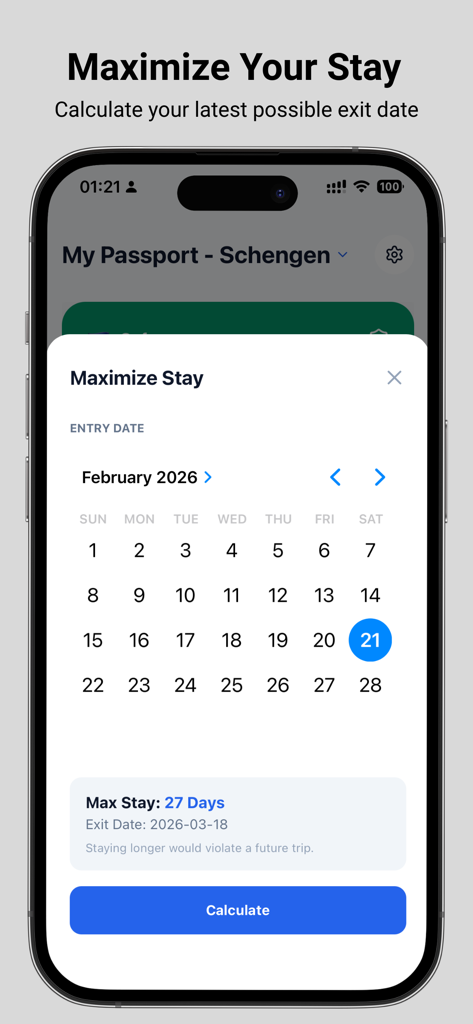 Schengen 90: Visa Calculator - Interfaz de la aplicación Schengen 90 mostrando la calculadora Maximizar Estancia con un calendario de selección de fechas