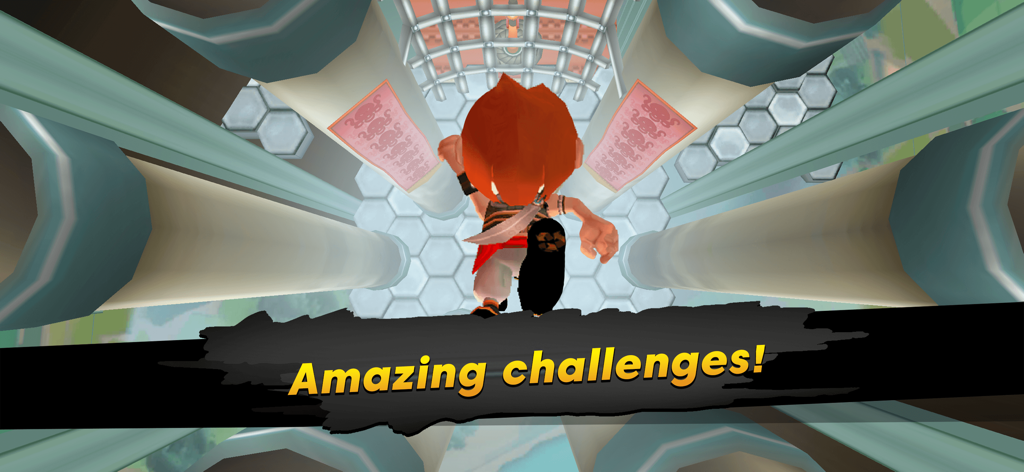 Running Fred - A third-person view of the character Fred running through a 3D level with large pillars and a banner reading Amazing challenges.