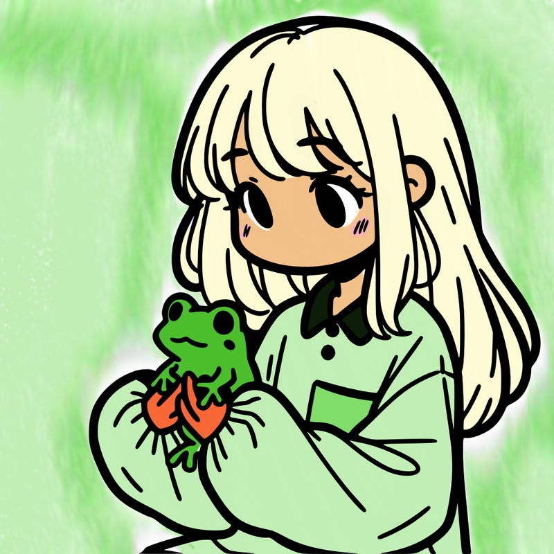 girl with long hair and a oversized shirt. and she is holding a frog