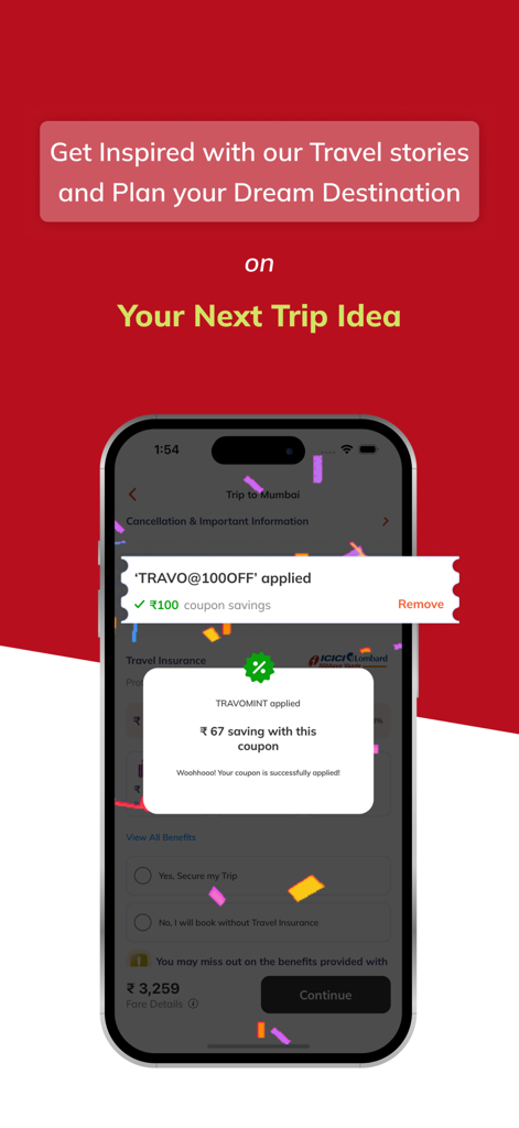 Travomint Flight, Hotels & Car - Travomint app screen showing applied coupon codes and savings for a flight booking.